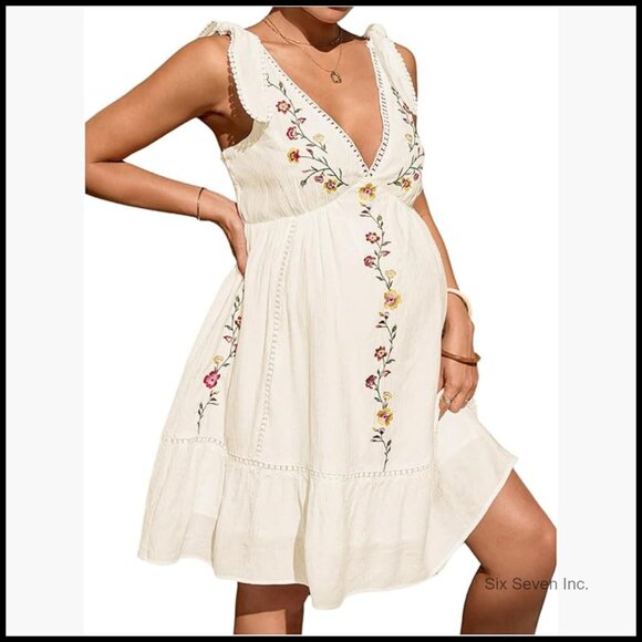 Dresses & Skirts - Rayon Maternity Mini Dress Floral Embroidery Boho Beach Vacation